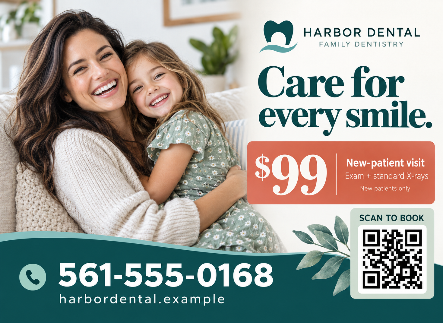 Harbor Dental sample postcard, $99 new-patient visit