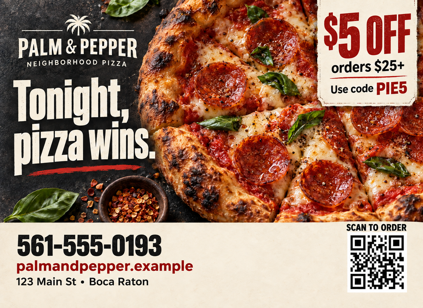Palm and Pepper custom pizza postcard sample, $5 off