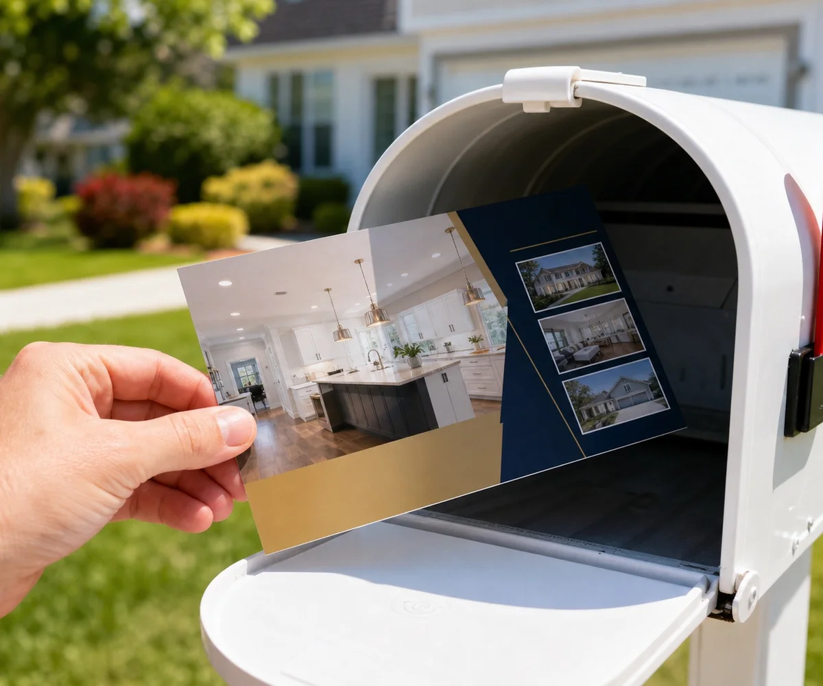 Postcard being delivered to a home mailbox
