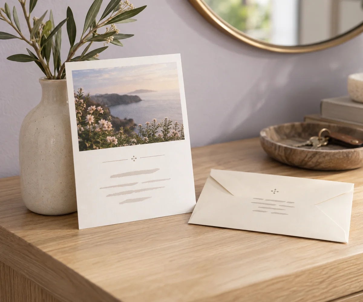 A printed thank-you card on a table at home