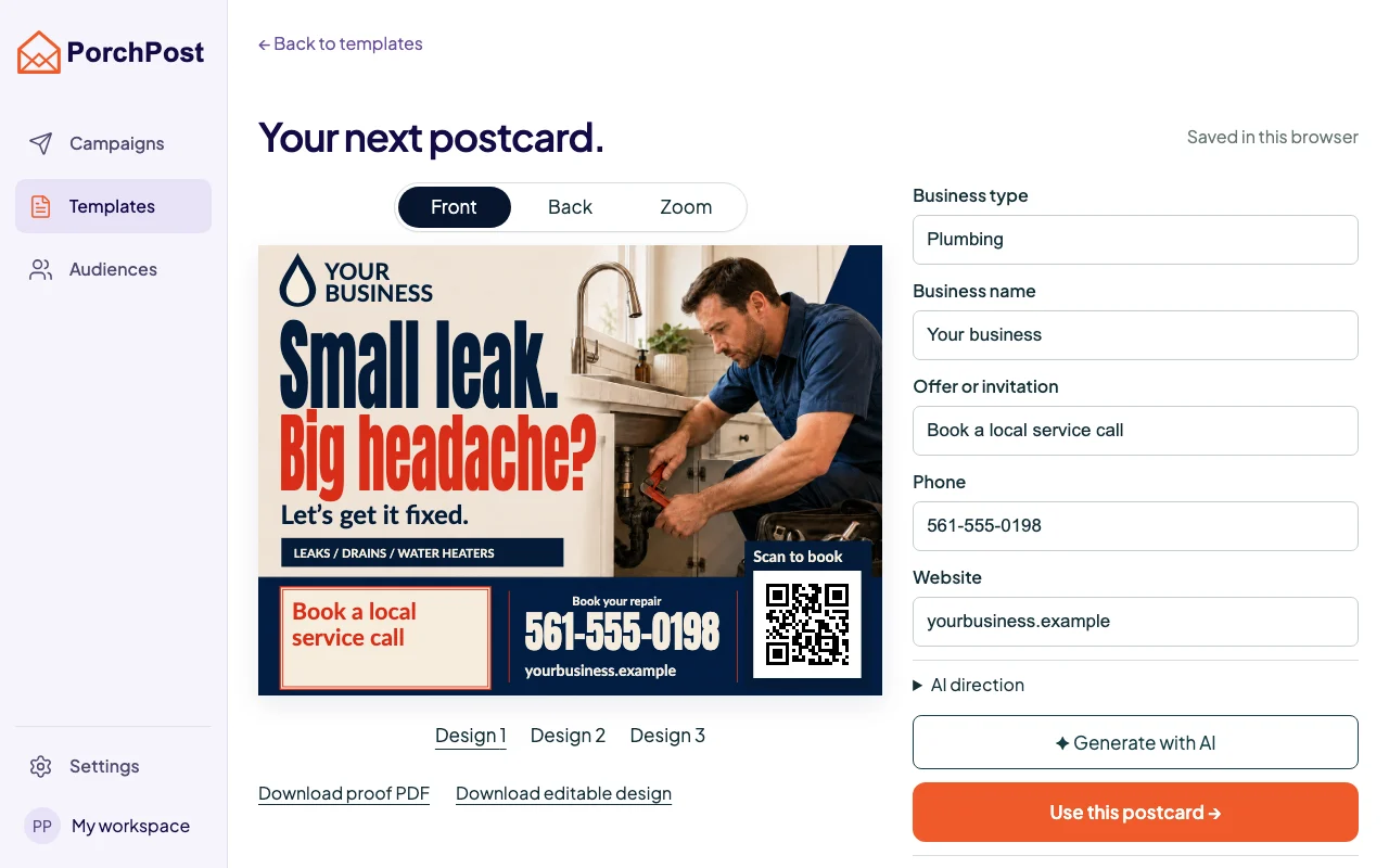 The PorchPost postcard editor showing a plumbing postcard with editable business fields